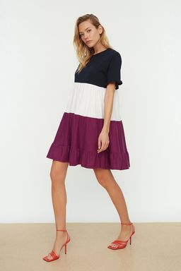 Lacivert %100 Pamuk Renk Bloklu Shift/Duz Mini Orme Elbise TWOSS20EL1638