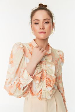 Turuncu Cicek Desenli F?rf?rl? Sifon Kumas Regular Normal Kal?p Dokuma Gomlek TWOAW22GO0117