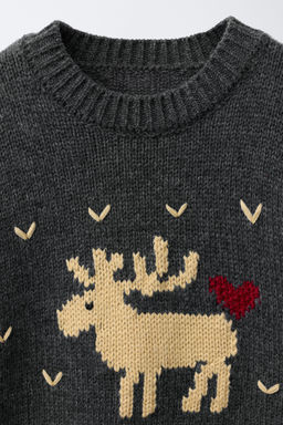 7-12 YEARS/ KNIT JUMPER WITH WOOL EMBROIDERED REINDEER HEARTS