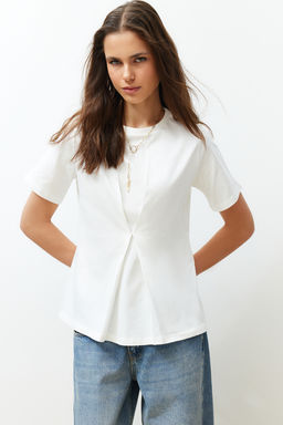 Ekru Onden Pilise Detayl? Regular/Normal Kal?p Bisiklet Yaka Orme Bluz TWOSS24BZ00302