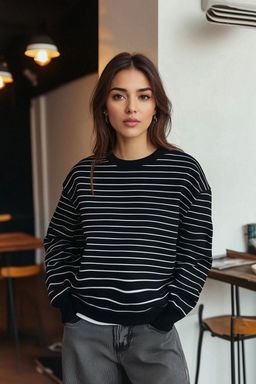 TRENDYOLMILLA Siyah 2 Iplik Bisiklet Yaka Cizgili Regular Orme Sweatshirt TWOAW25SW00324