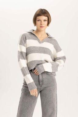 Relax Fit Polo Yaka Cizgili Selanik Kumas Triko Kazak - Defacto фото 2