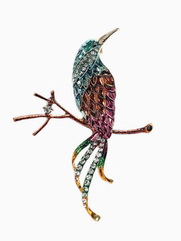 Брошь «Птица» на ветке, цветная в золоте