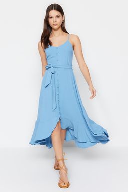 Indigo Kusakl? A-Kesim Volanl?Dugme Detayl? Dokuma Maxi Elbise TWOSS23EL02271