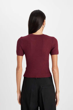 Укороченный свитер в рубчик с короткими рукавами и круглым вырезом - Defacto фото 6