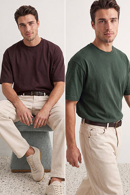 Unisex Koyu Kahverengi-Koyu Ye_il Oversize 2li Paket Basic %100 Pamuklu T-Shirt TMNSS24TS00038
