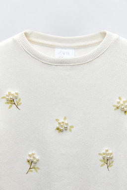 FLORAL FAUX PEARL RIBBED T-SHIRT - Zara фото 3
