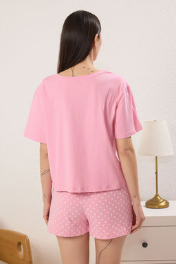 Pembe %100 Pamuklu Eglence Bask?l? Puantiyeli Sortlu Orme Pijama Tak?m? THMSS25PT00361