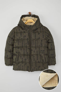 Haki Geometrik Bask?l? Kal?n Kapusonlu Regular Erkek Cocuk Mont TKDAW26MO00010