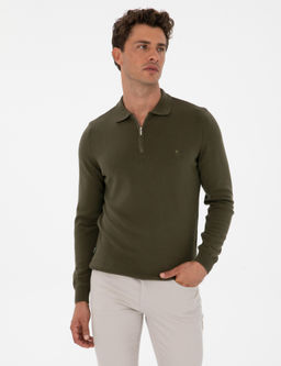 Koyu Haki Slim Fit Polo Yaka Fermuarl_ Basic Triko Kazak