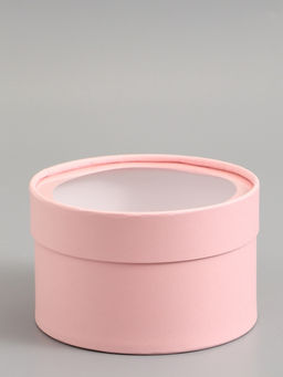 Подарочная коробка круглая, розовая, завальцованная с окном, 16×11 см