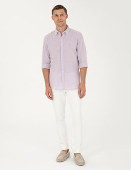 Рубашка приталенного кроя из смесового льна сиреневого цвета с длинным рукавом - Cacharel фото 4