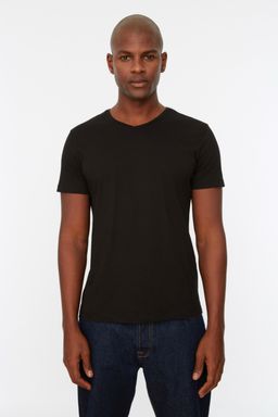 Siyah Slim/Dar Kesim Basic V Yaka K?sa Kollu %100 Pamuklu T-Shirt TMNSS19BO0002