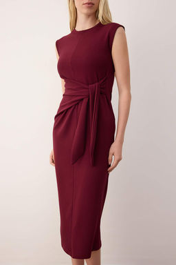 Bordo Baglama Detayl? A-line Duz Midi Esnek Orme Elbise TWOSS25EL00926 - Trendyolmilla фото 3