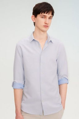 Slim Fit Dar Kesim Polo Yaka Petek Dokulu Uzun Kollu Gomlek