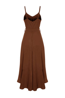 Kahverengi Kusakl? A-Kesim Volanl? Dugme Detayl? Dokuma Maxi Elbise TWOSS23EL02271