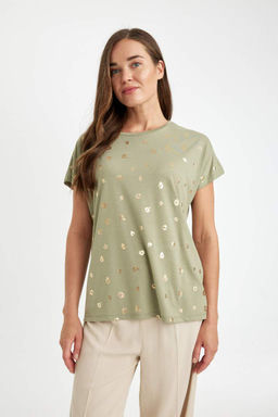 Женская футболка обычного кроя с круглым вырезом и ярким принтом с короткими рукавами - Defacto фото 4