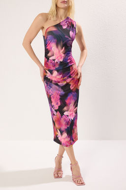 Pembe Cicek Bask?l? Tek Omuzlu Drapeli Fitted/Vucuda Oturan Esnek Orme Elbise TWOSS24EL00100