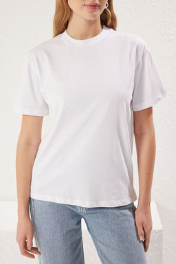 Beyaz-Beyaz 2li Paket %100 Pamuk Basic Dik Yaka Orme T-Shirt TWOSS20TS1500