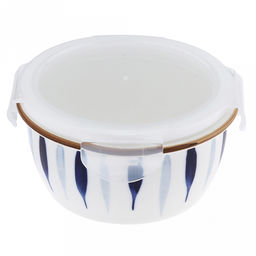 Травы Салатник-контейнер фарфоровый 640мл, д14,8х6,9см, круглый, с деколью, отводка, пластмассовая крышка, герметичная, с клипсами, с силиконовым уплотнителем (Китай)