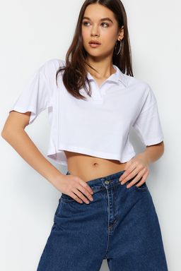 TRENDYOLMILLA Lacivert %100 Pamuk Relaxed/Rahat Kal?p Crop Polo Yaka Orme T-Shirt TWOSS22TS0241  фото 15