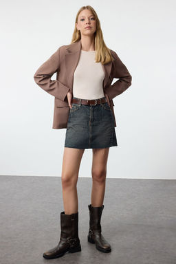 TRENDYOLMILLA Mavi Soluk Efekt Vintage Yuksek Bel Mini Denim Etek TWOAW25ET00087