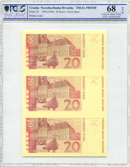 20 куна 1993(1994) года Хорватия (в слабе PCGS Gem UNC 68)  неразрезанный лист, пробный