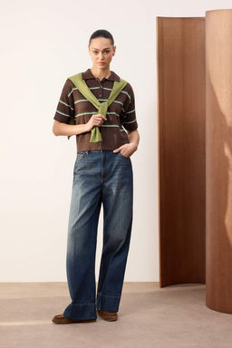 Kahverengi Yazl?k Iplik Cizgili Polo Yaka Triko Ince Bluz TWOSS26BZ00127 - Trendyolmilla фото 2