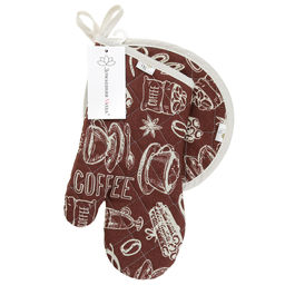 Кухонный комплект Эспрессо, вид 1: прихватка-варежка 15х30см + прихватка 20х25см форма Капелька, рогожка 171г/м2, хлопок 100%, наполнитель - ватин 280г/м2, на пластмассовом подвесе, Домашняя мода (Россия)