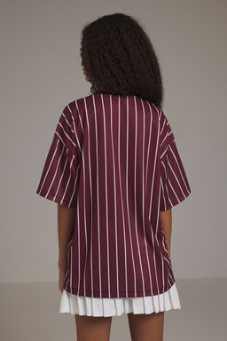 TRENDYOLMILLA Bordo Cizgili Ve Slogan Bask?l? Oversize/Genis Kal?p Orme T-Shirt TWOSS25TS00119 фото 4