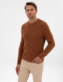 Kahverengi Regular Fit Bisiklet Yaka Triko Kazak