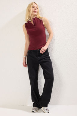 Bordo Dugmeli Dik Yaka Vucuda Oturan Fitilli Esnek Orme Bluz TWOSS25BZ00228 - Trendyolmilla фото 2