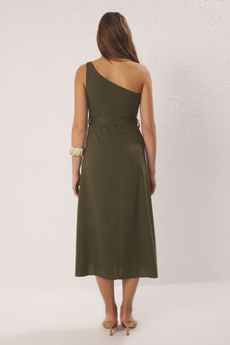 Trendyolmilla Haki Duz Aksesuar Detayl? Kusakl? Midi Dokuma Elbise TWOSS25EL00714  фото 4