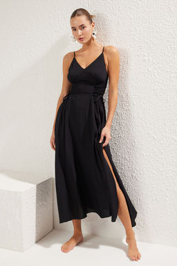 Siyah Dokuma Baglama Detayl? Maxi Plaj Elbise TBESS24EL00098