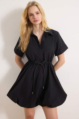 Siyah Bagc?kl? Mini Balon Etek Detayl? Dokuma Elbise TWOSS26EL00115