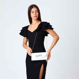 Сумка-клатч женская вечерняя на магните, на длинной цепочке, с декоративным бантом, белая