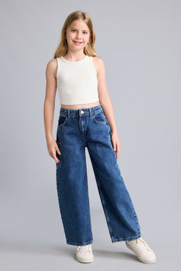 %100 Pamuk Baggy Fit Jean Pantolon K_z _ocuk
