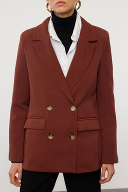 Koyu Kahverengi Regular Astarl? Kruvaze Kapama Dokuma Blazer Ceket TWOAW21CE0264