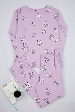 Trendyolmilla Gri %100 Pamuklu Goz Desenli T-shirt-Jogger Orme Pijama Tak?m? THMAW22PT0270
