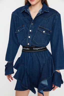 Trendyolmilla Mavi A-Kesim Gomlek Yaka Denim K?sa Elbise TPRAW22EL1989