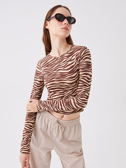 Bisiklet Yaka Bask?l? Uzun Kollu Kad?n Crop