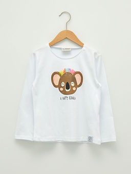 Bisiklet Yaka Bask?l? Uzun Kollu Pamuklu K?z ?ocuk Ti??rt