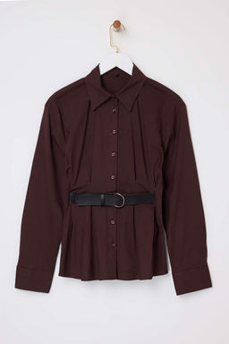 Kahverengi Suni Deri Kemer Detayl? Pileli Gomlek TWOSS26GO00011