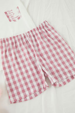 Ekru K?z Cocuk Ekoseli K?sa Kol Sortlu Orme Pijama Tak?m? TKDSS25PT00034 - Trendyolmilla фото 2