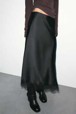 LACE TRIM SATIN MIDI SKIRT - Zara фото 14