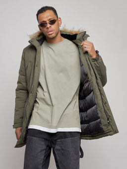 Парка мужская зимняя удлиненная с мехом цвета хаки 8318Kh - Wonderrman фото 9