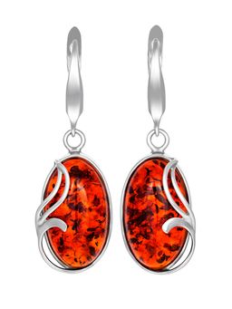 Эксклюзивные серьги из цельного янтаря коньячного цвета в серебре Лагуна