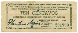 Банкнота 10 сентаво 1943 года Филиппины (Минданао, Администрация США)