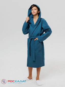 Подростковый вафельный халат с капюшоном темно-бирюзовый В-18 (23)