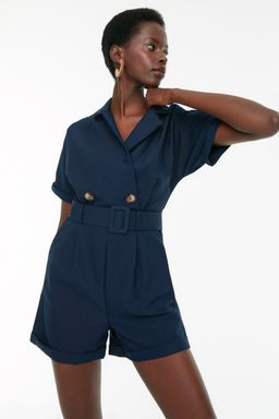 Lacivert Kemerli Kurvaze Yaka Mini Dokuma Tulum TWOSS19WX0112